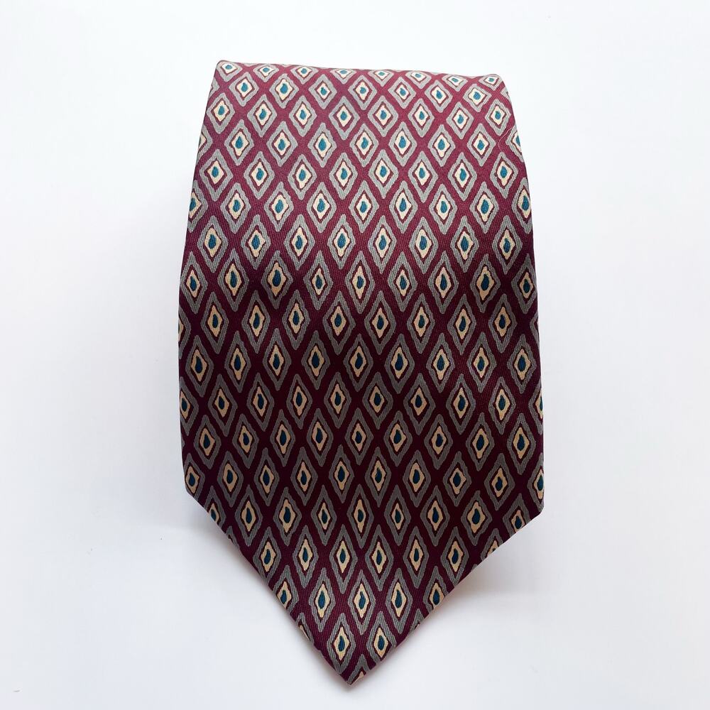 Vintage Burberrys of London Red Geometric Diamond Pattern Silk Neck Tie